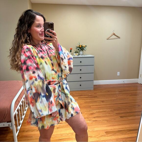 NWT Alexis Pink Multicolored Watercolor Long Sleeve Mini Dress Medium - Picture 5 of 14